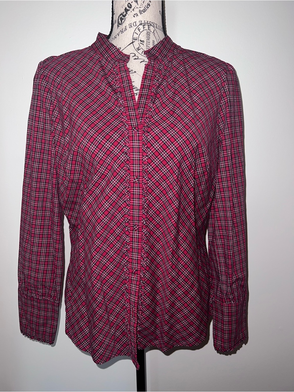 St. John's Bay Red Plaid Ruffle Trim Button Down Top - Size M